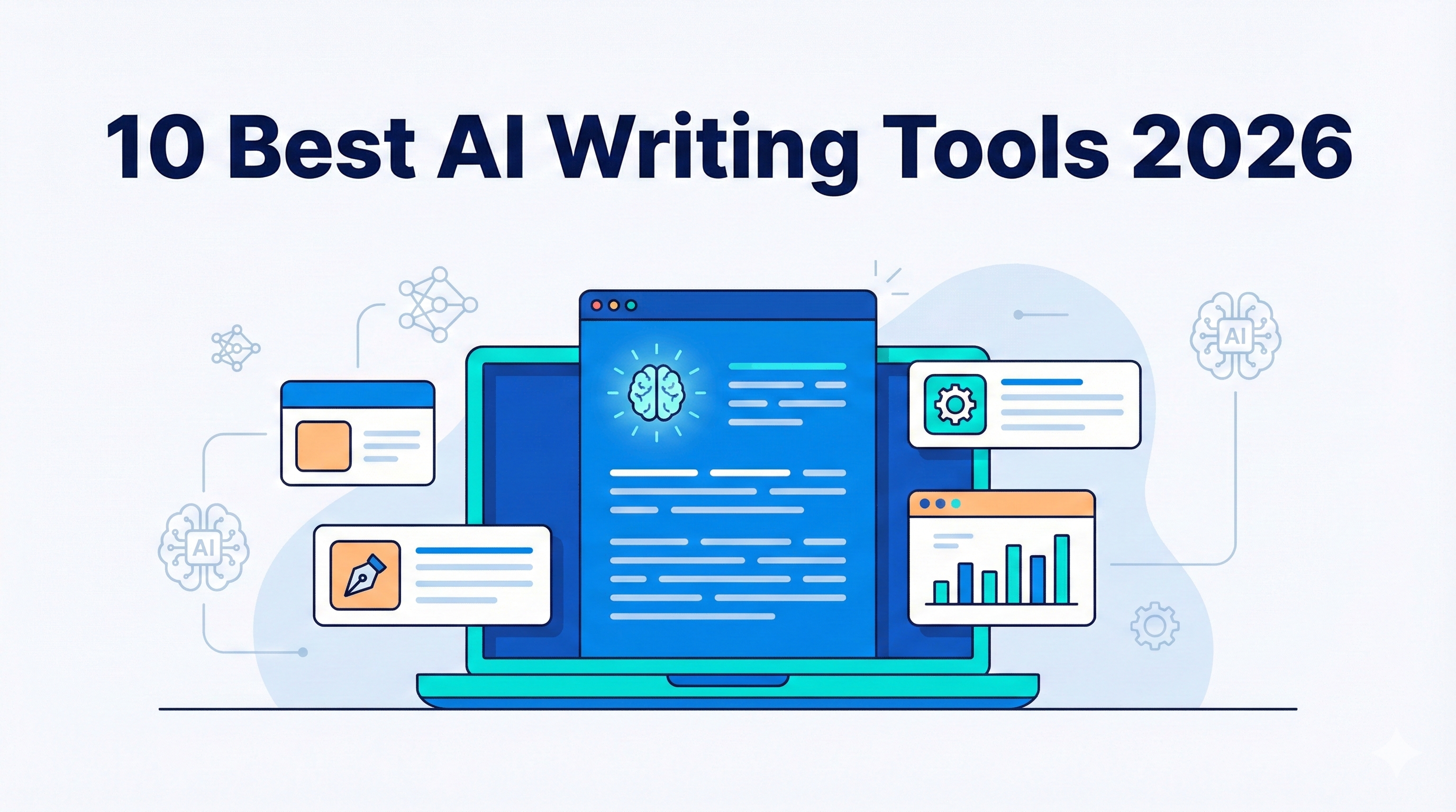 Flat vector illustration showing best AI writing tools, digital content elements, and a laptop interface in a modern design.